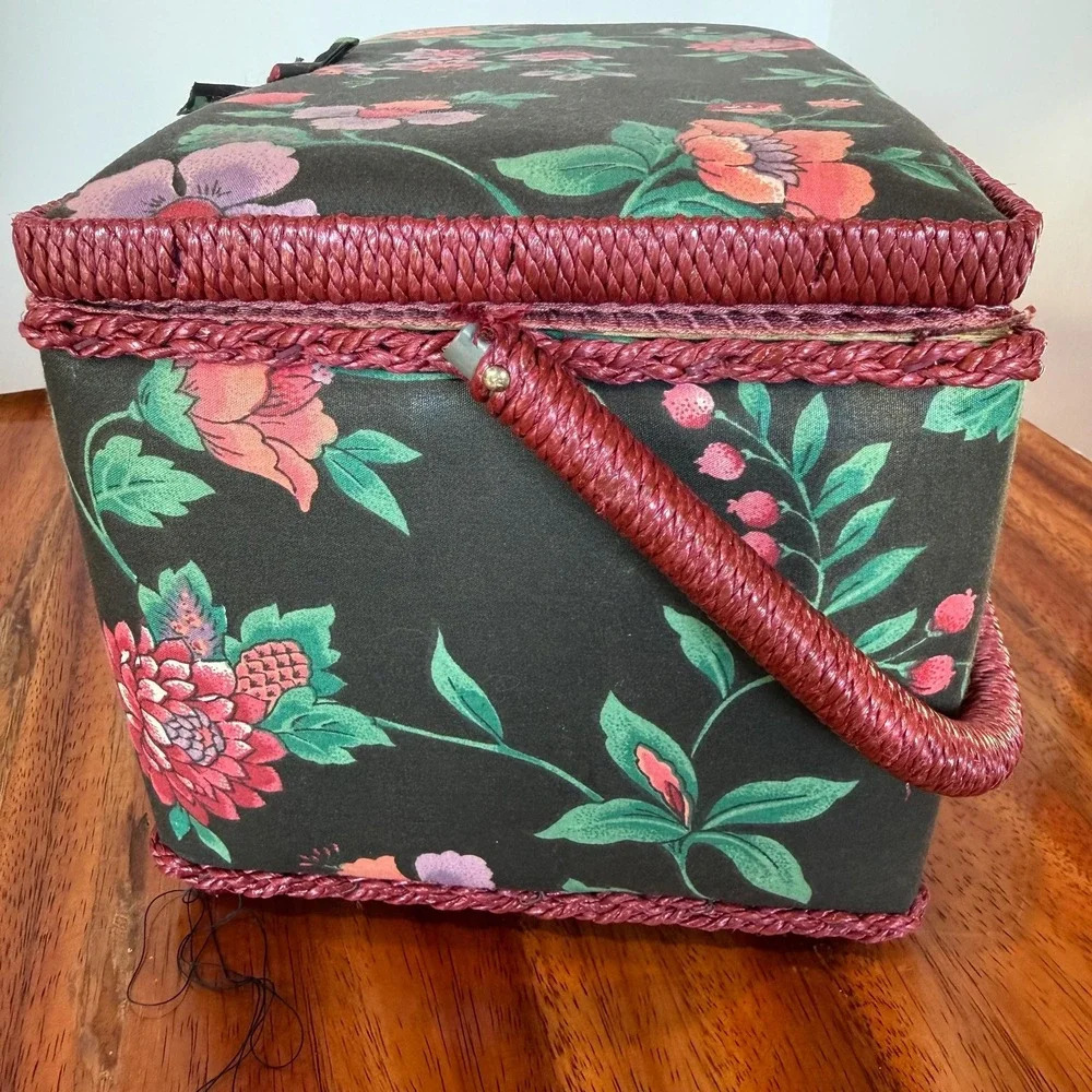 Vtg Sewing Basket Box Padded Fabric with Handle